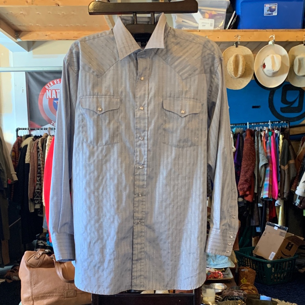 Panhandle Slim Light Silvery Blue Striped Button Down Western Shirt